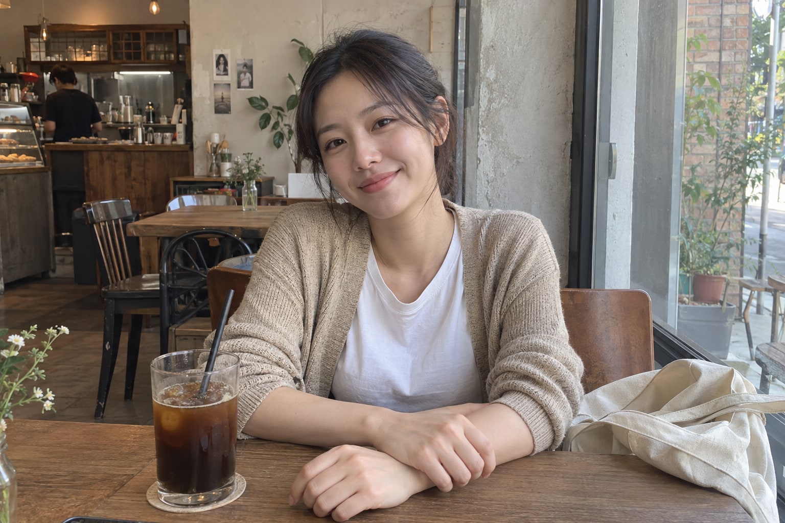빛바랜 색감의 카페 인물 사진