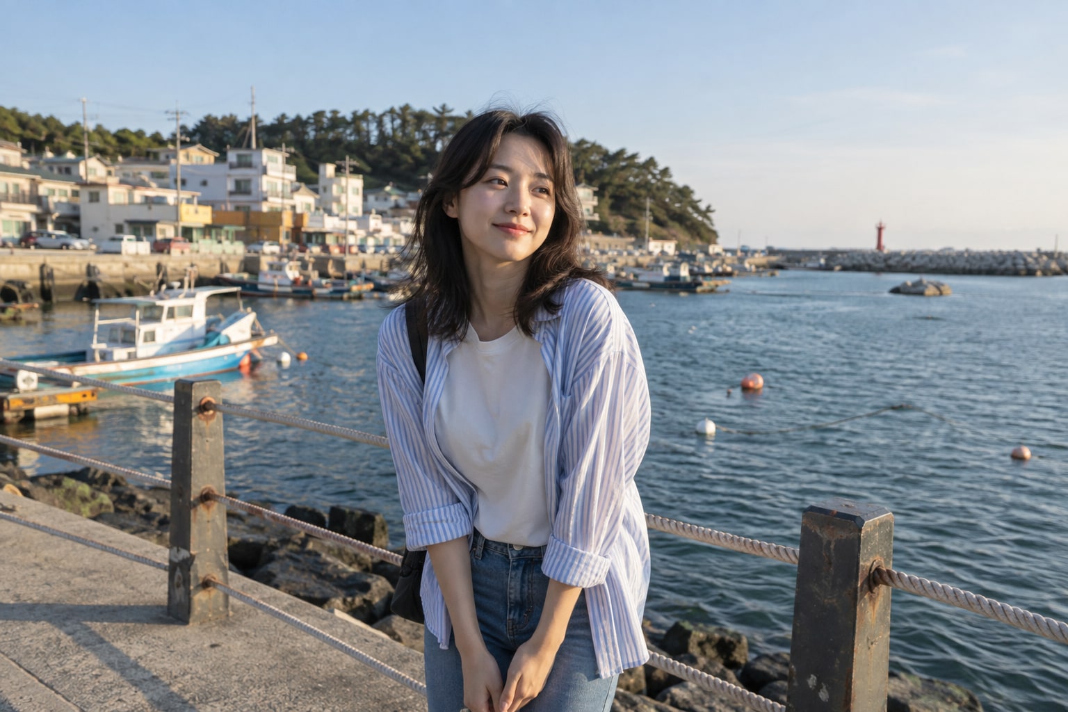 항구를 산책하는 여성의 일상 사진