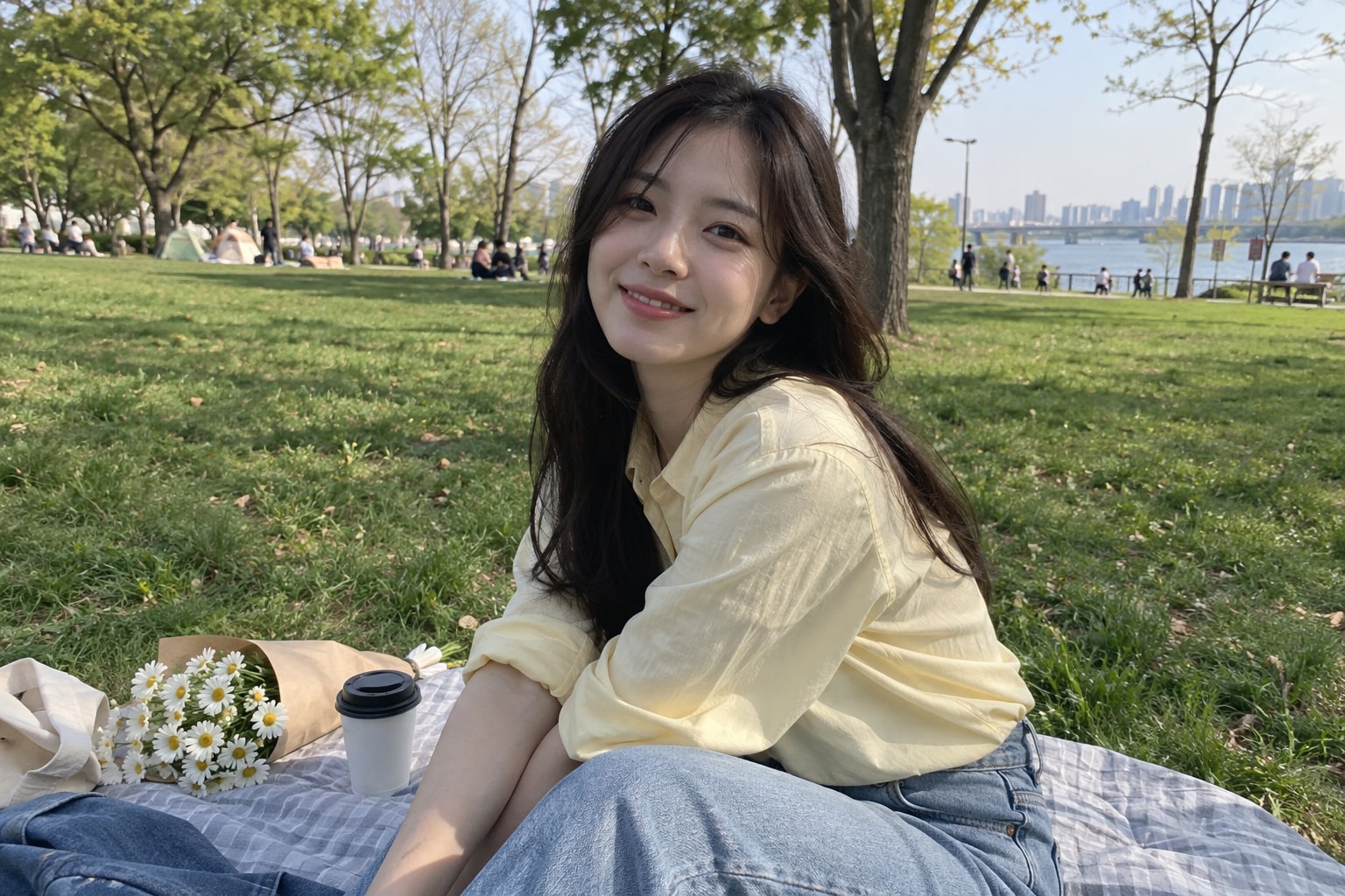 공원에서 피크닉을 즐기는 여성